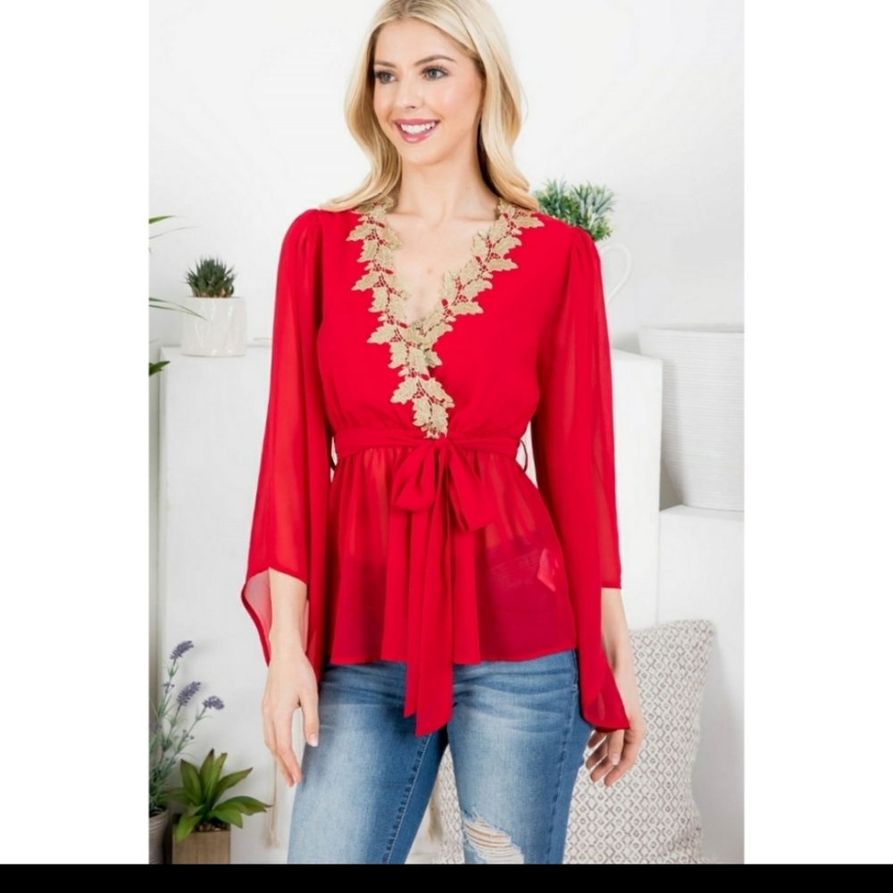 Chiffon-Like Red Top with Bell Sleeves and Gold Details around Neckline - Picture 8 of 11